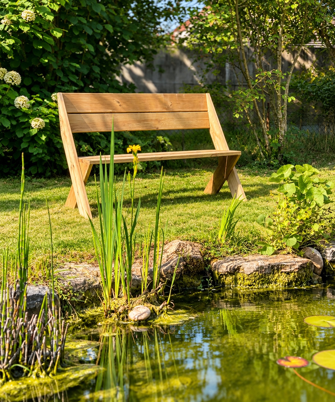 Banc extérieur en bois installé près d’un bassin de jardin