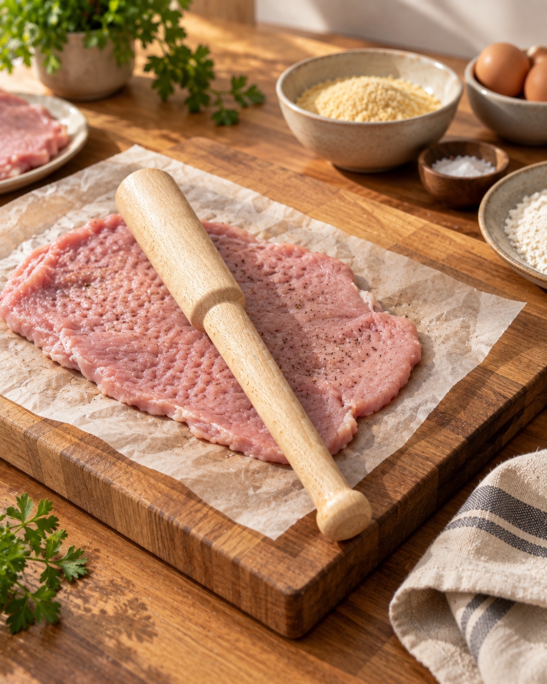 Battoir à viande tourné en hêtre posé sur des escalopes de veau