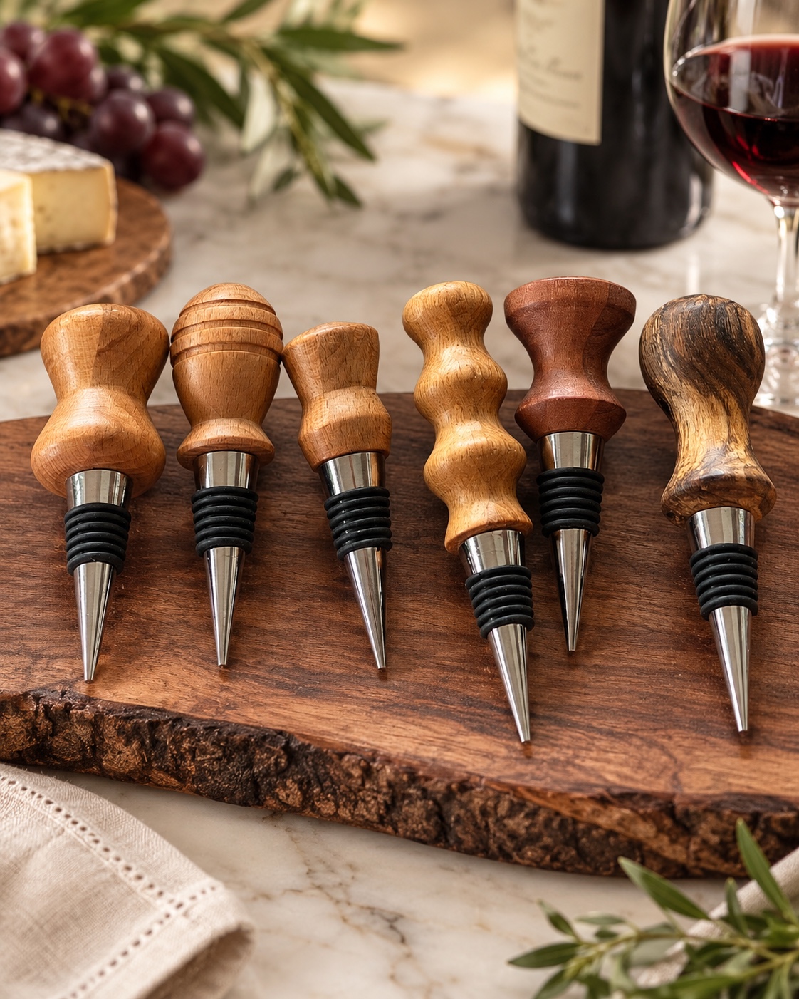 Collection de bouchons de bouteille tournés dans différentes essences de bois