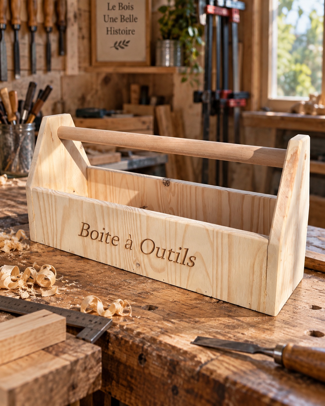 Caisse à outils gravée en bois de palette recyclé dans un atelier