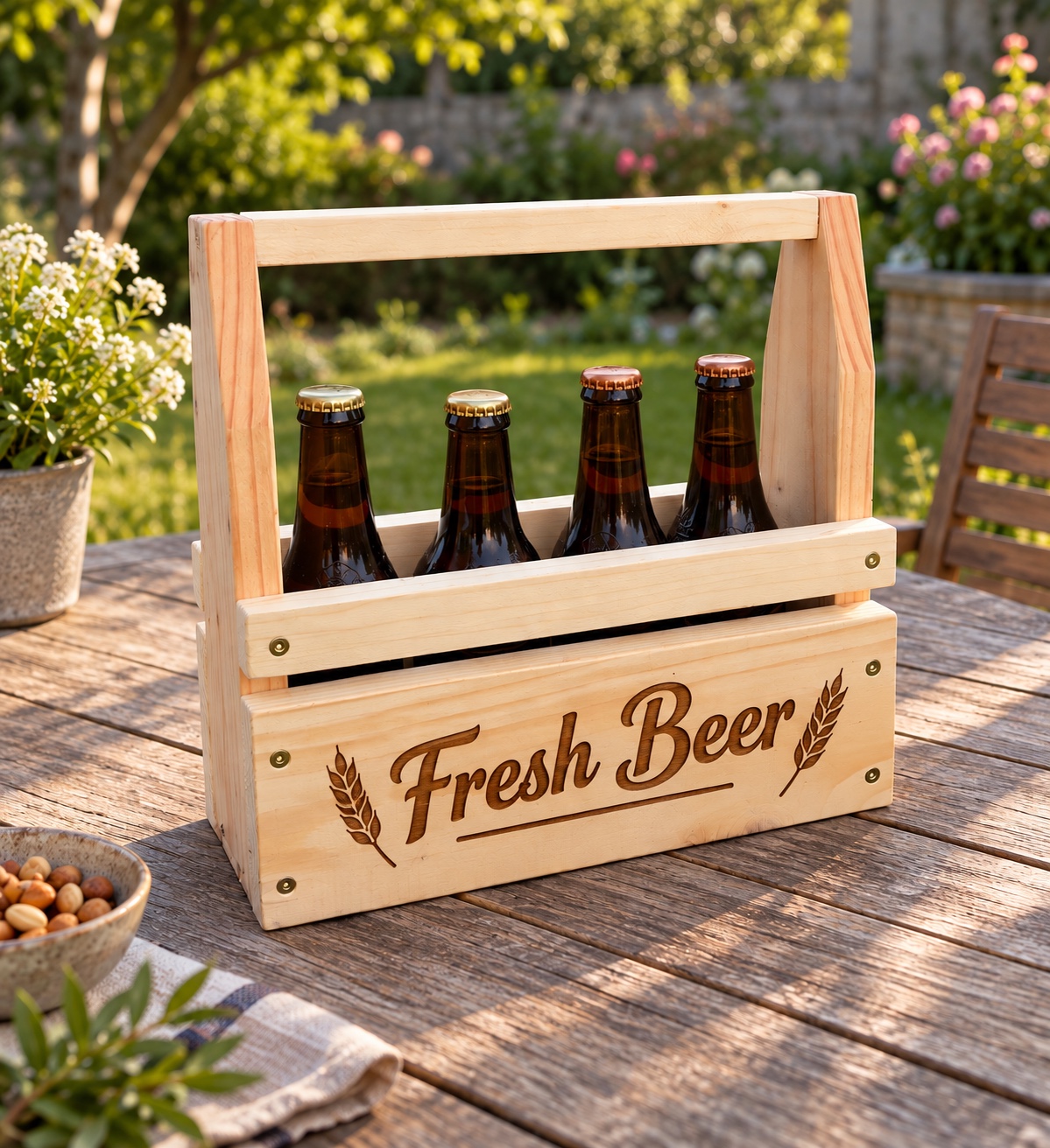 Caissette à bière en bois de palette recyclé avec poignée et quatre bouteilles