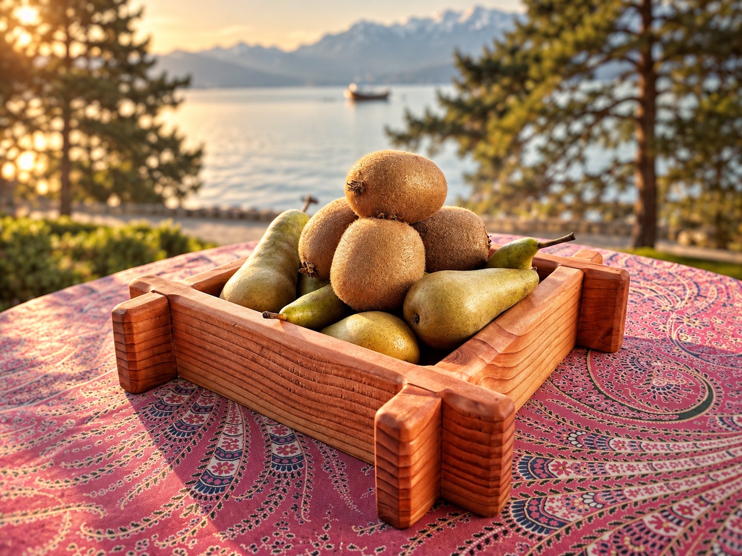 Corbeille à fruits en pin Douglas garnie de poires et de kiwis devant le lac Léman
