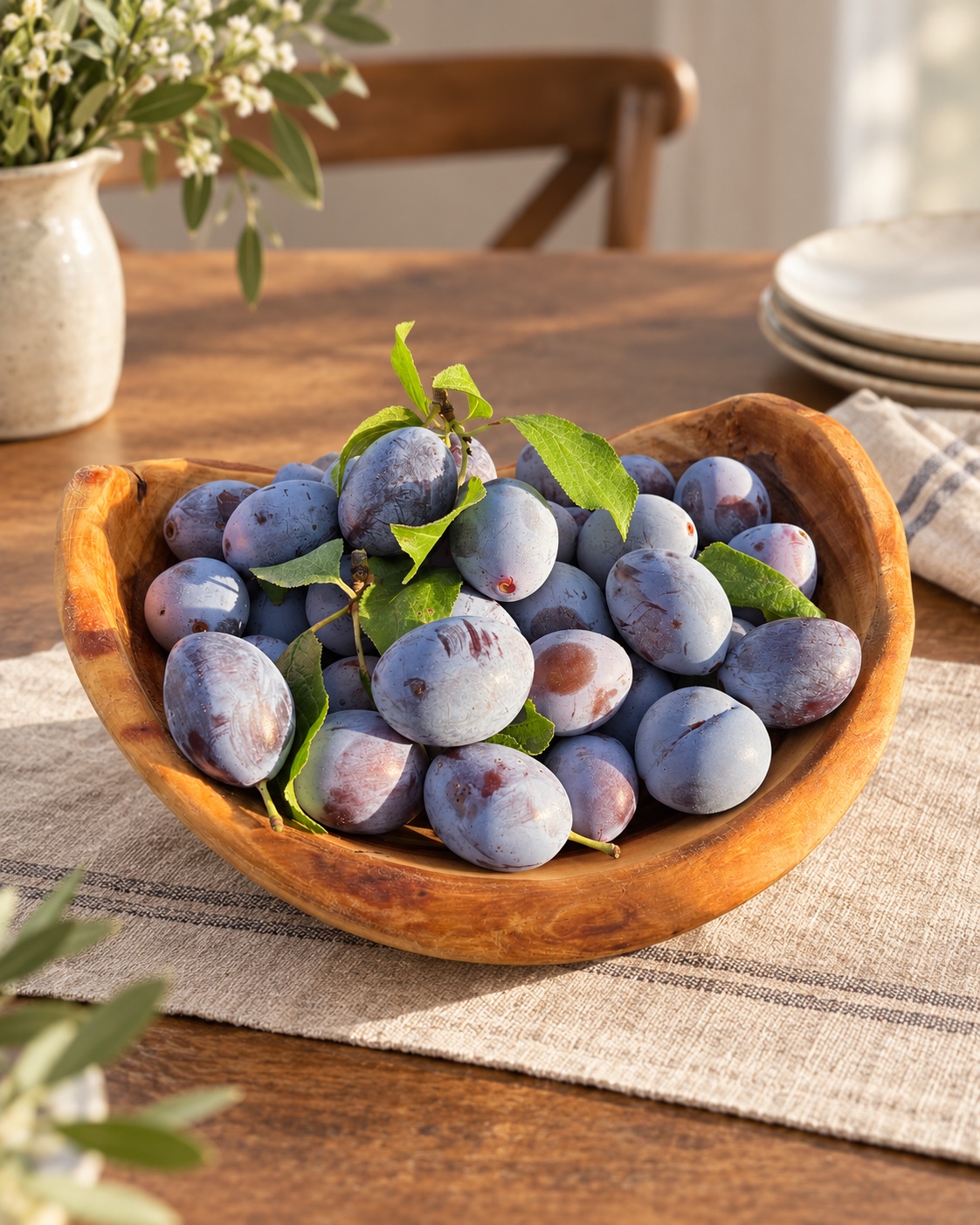 Corbeille à fruits en noyer aux contours naturels garnie de prunes