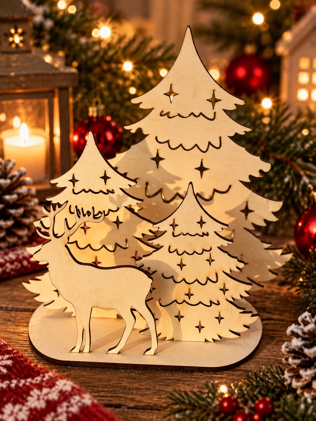 Décoration de Noël en contreplaqué représentant des sapins et un renne