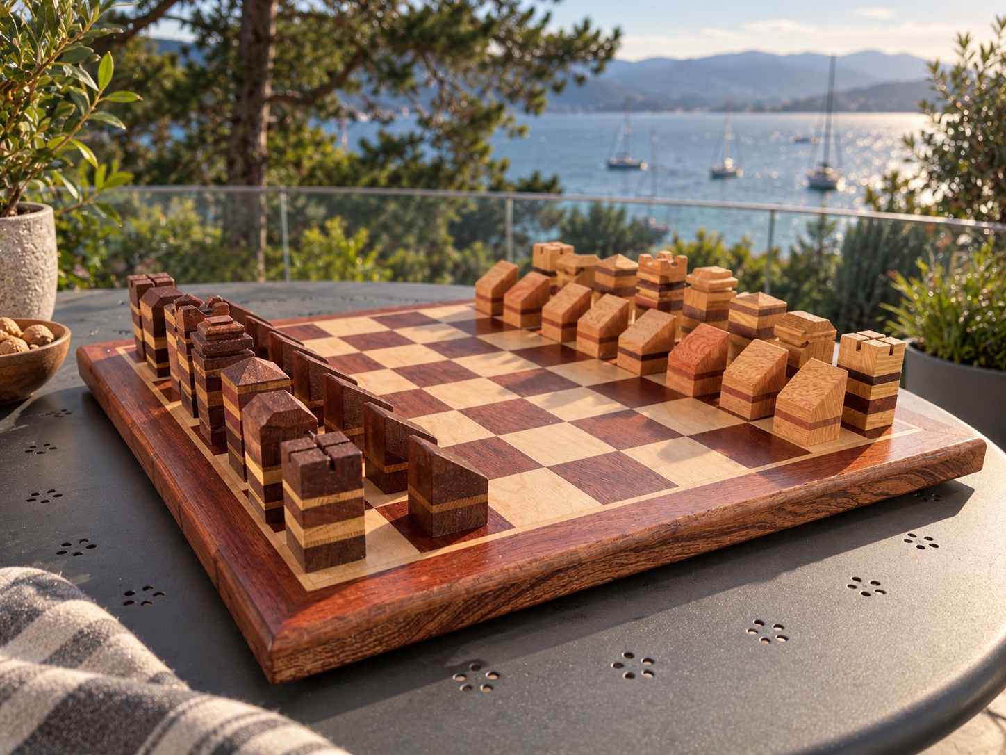 Échiquier artisanal avec ses pièces en bois clair et foncé