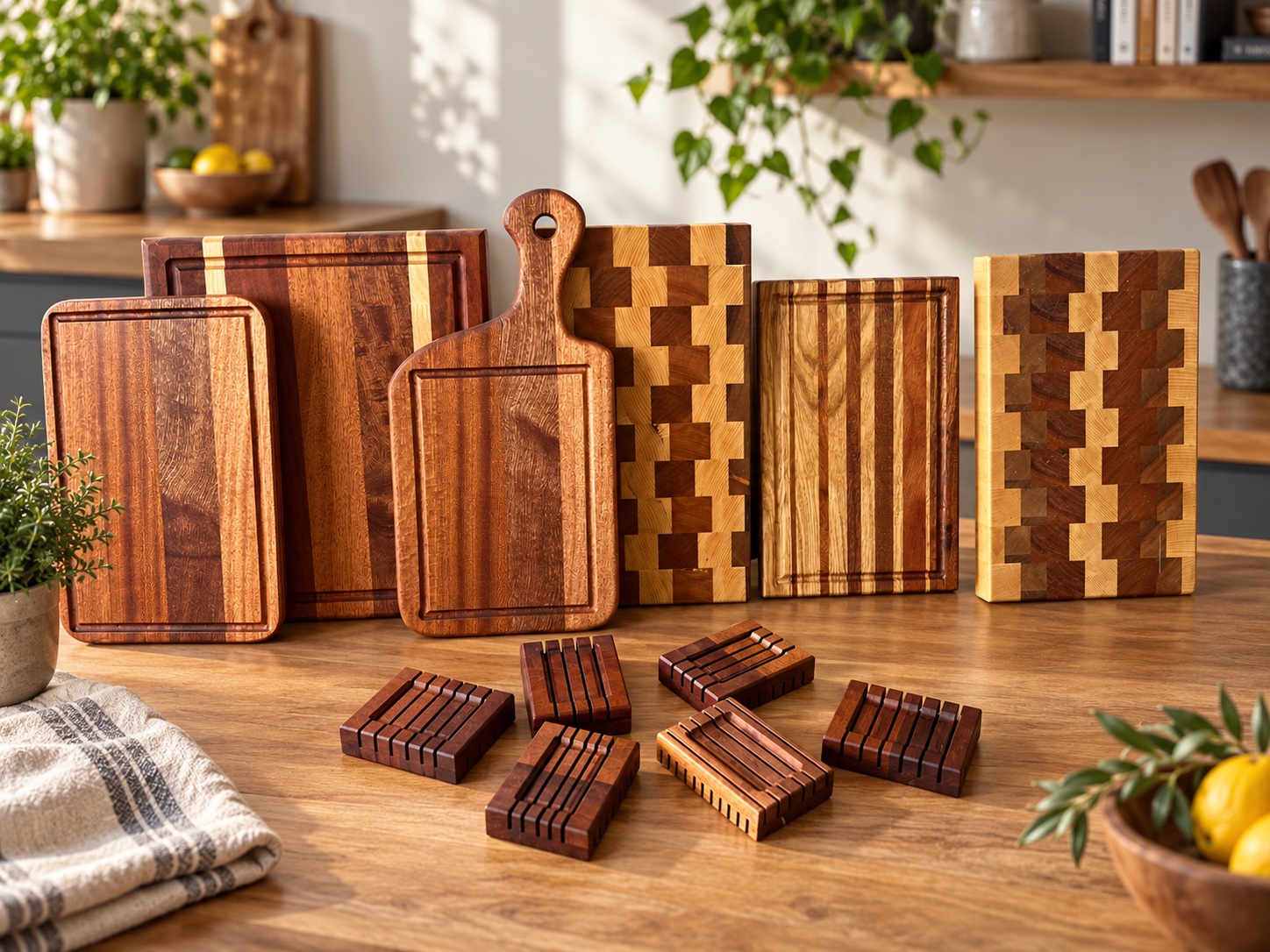 Collection de planches et dessous de verre aux essences de bois contrastées