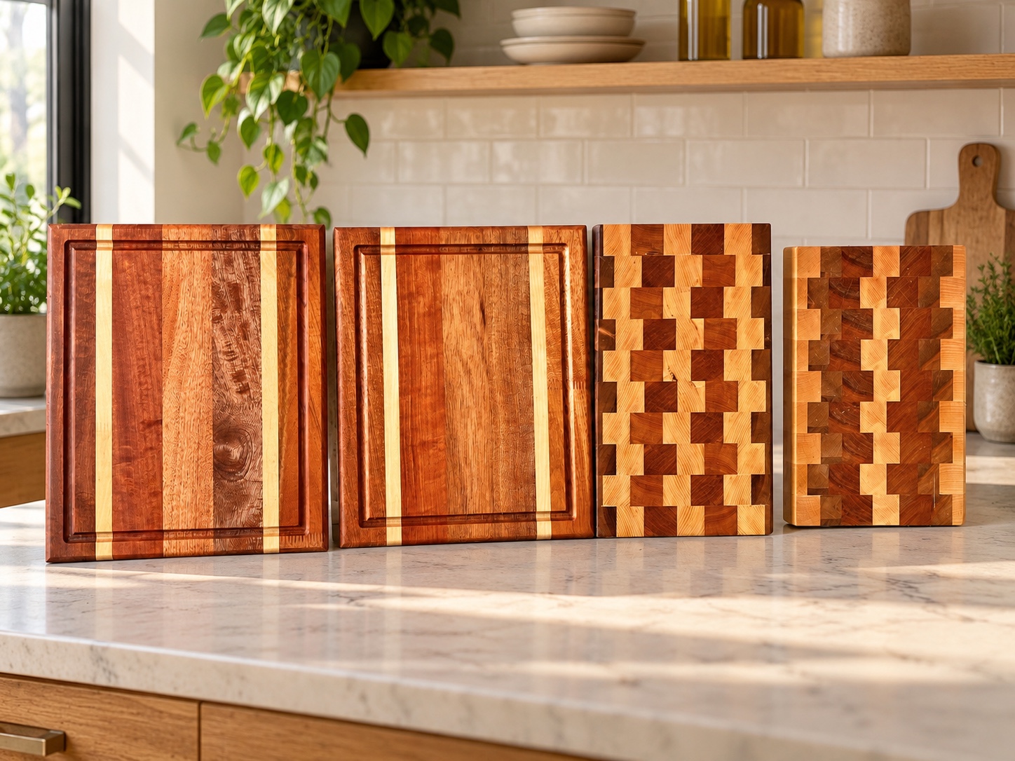 Quatre planches associant des essences contrastées et des motifs en bois de bout