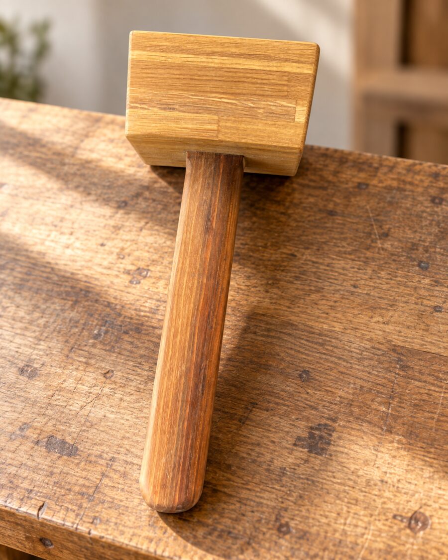 Vue de dessus du maillet d’atelier montrant sa tête en chêne et son manche en bois exotique