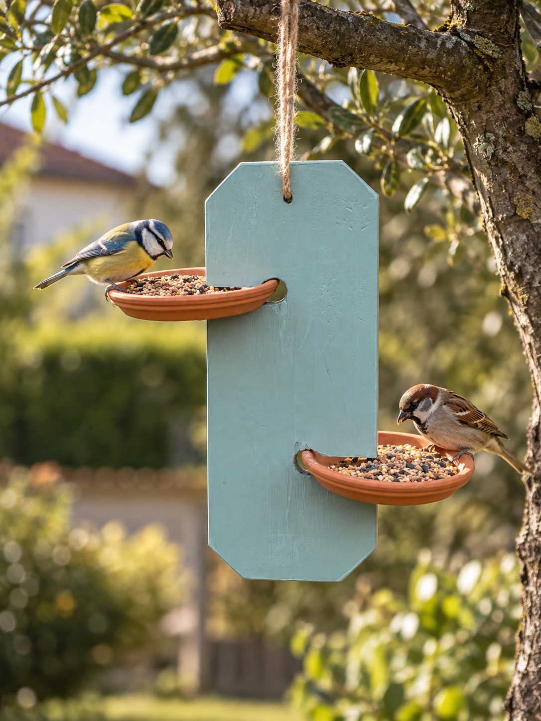 Mangeoire double suspendue en bois recyclé avec deux coupelles en terre cuite