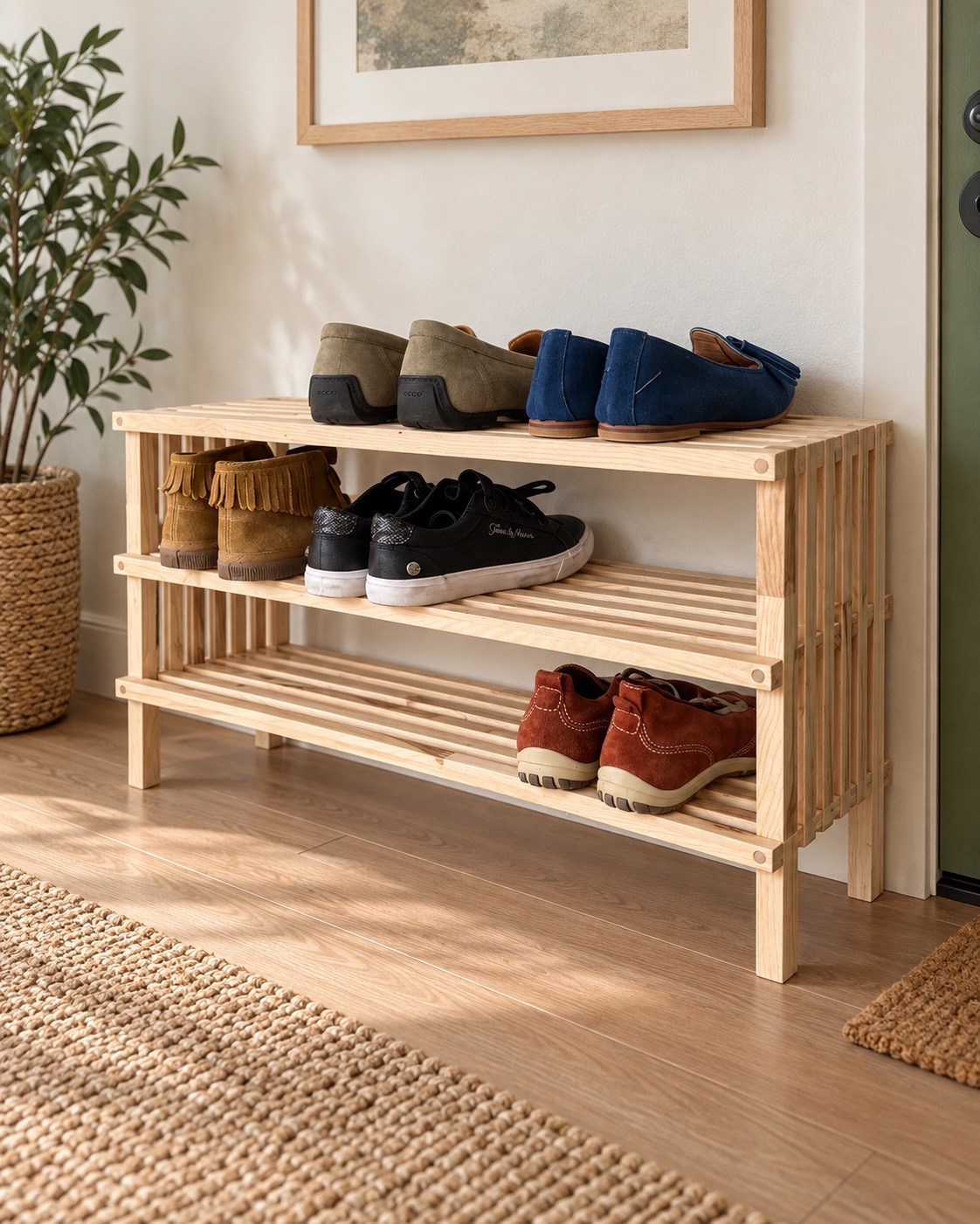 Meuble à chaussures en bois de palette recyclé installé dans une entrée