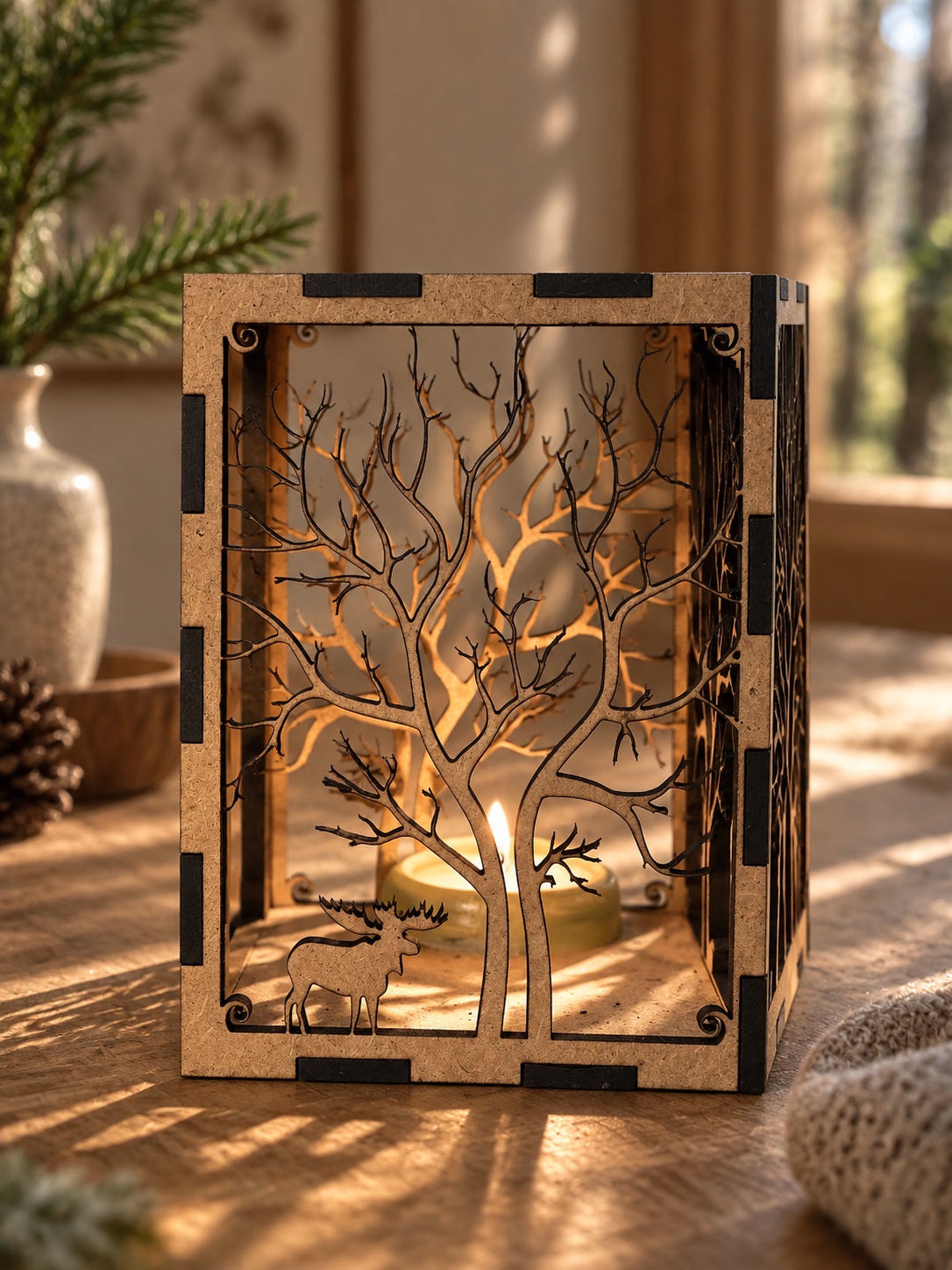 Lanterne de Noël en MDF découpé au laser, avec un motif d’arbre et de renne