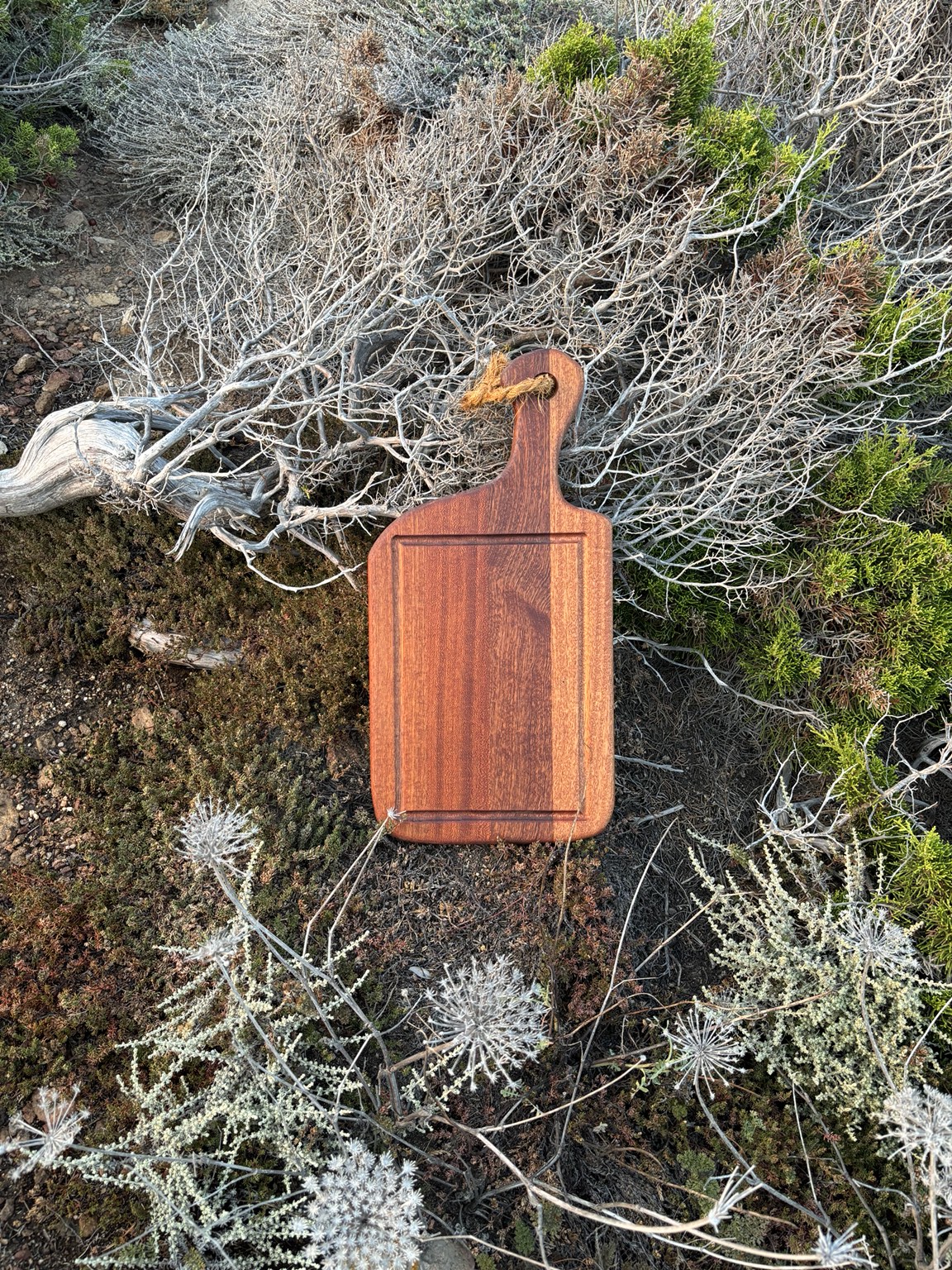 Planche à découper en bois exotique avec rainure à jus présentée dans un décor naturel