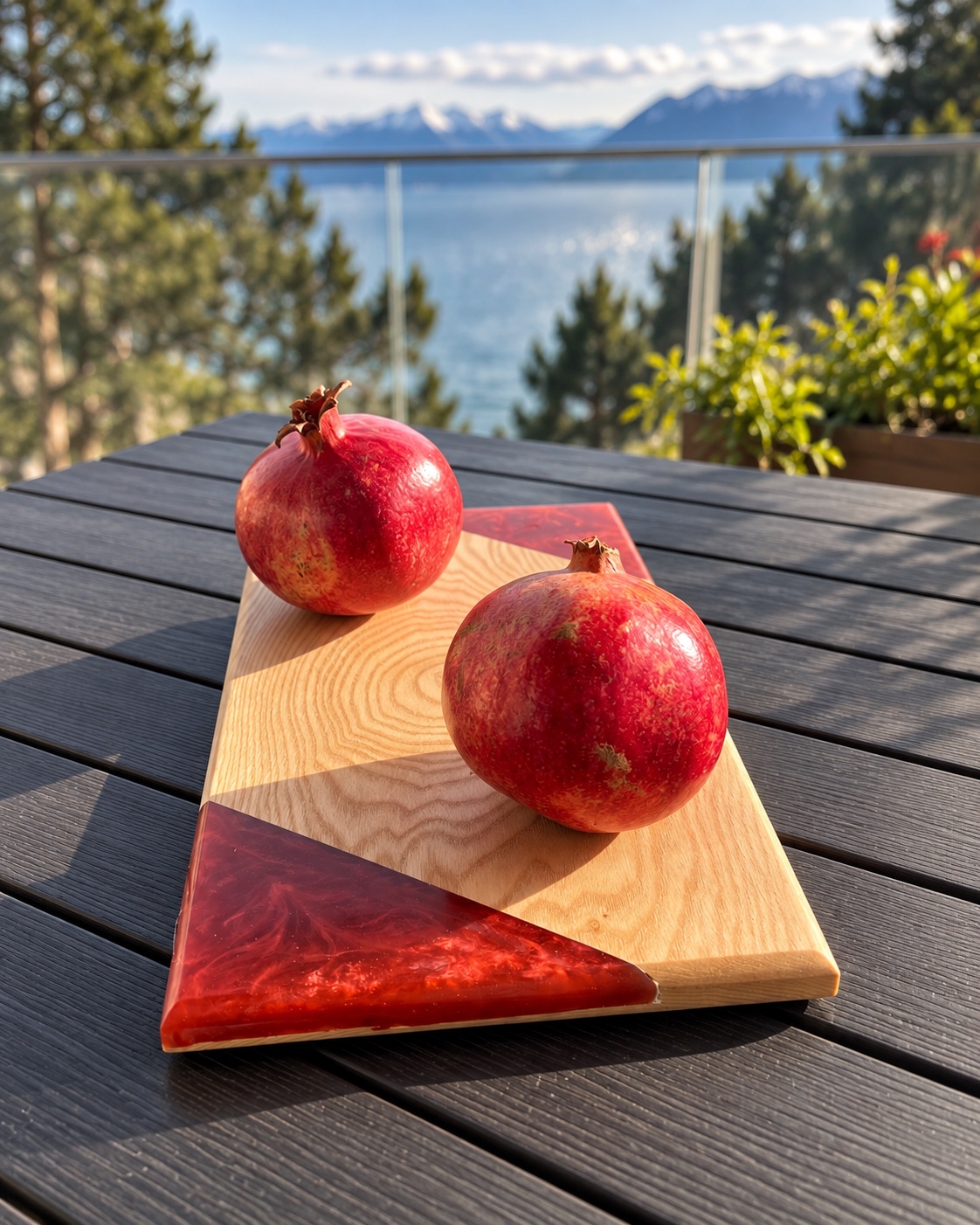 Planche en frêne avec deux angles en résine époxy rouge présentée devant le lac Léman