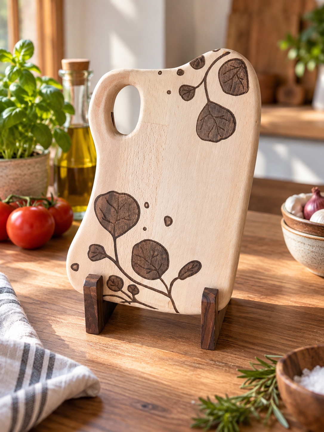 Planche gravée d’un motif végétal présentée sur son support en bois dans une cuisine lumineuse