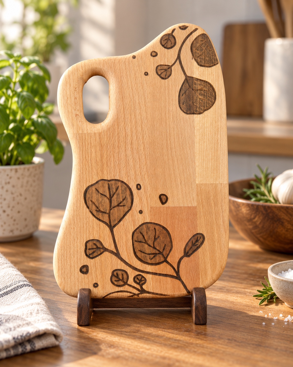 Planche gravée d’un motif végétal présentée verticalement sur son support en bois