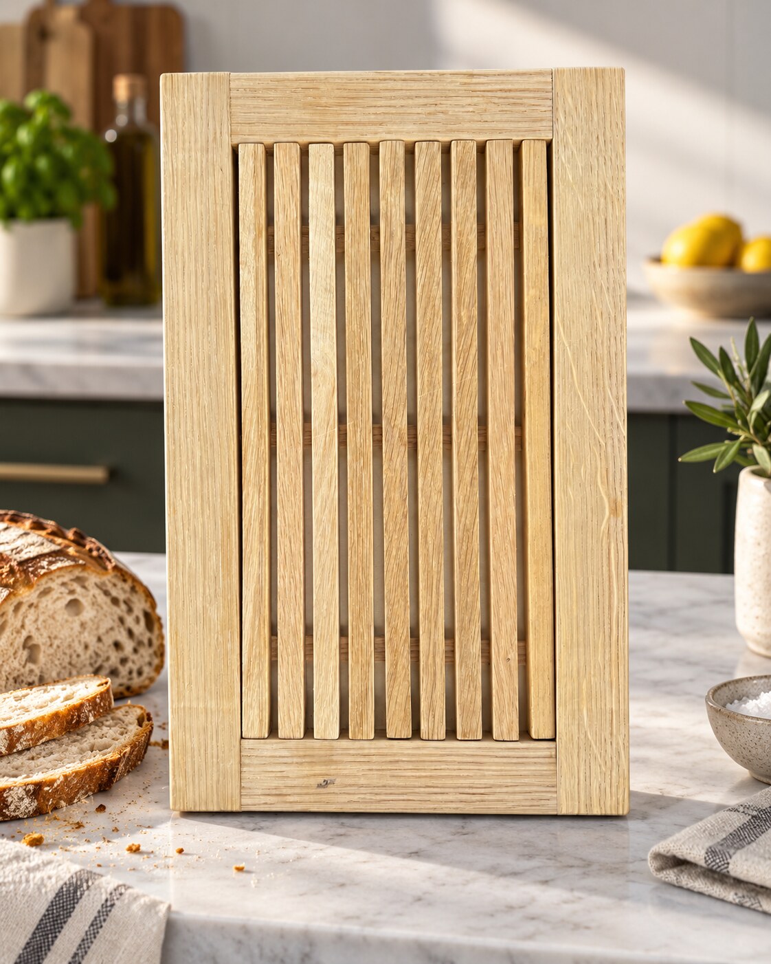 Planche à pain en chêne avec grille amovible pour recueillir les miettes