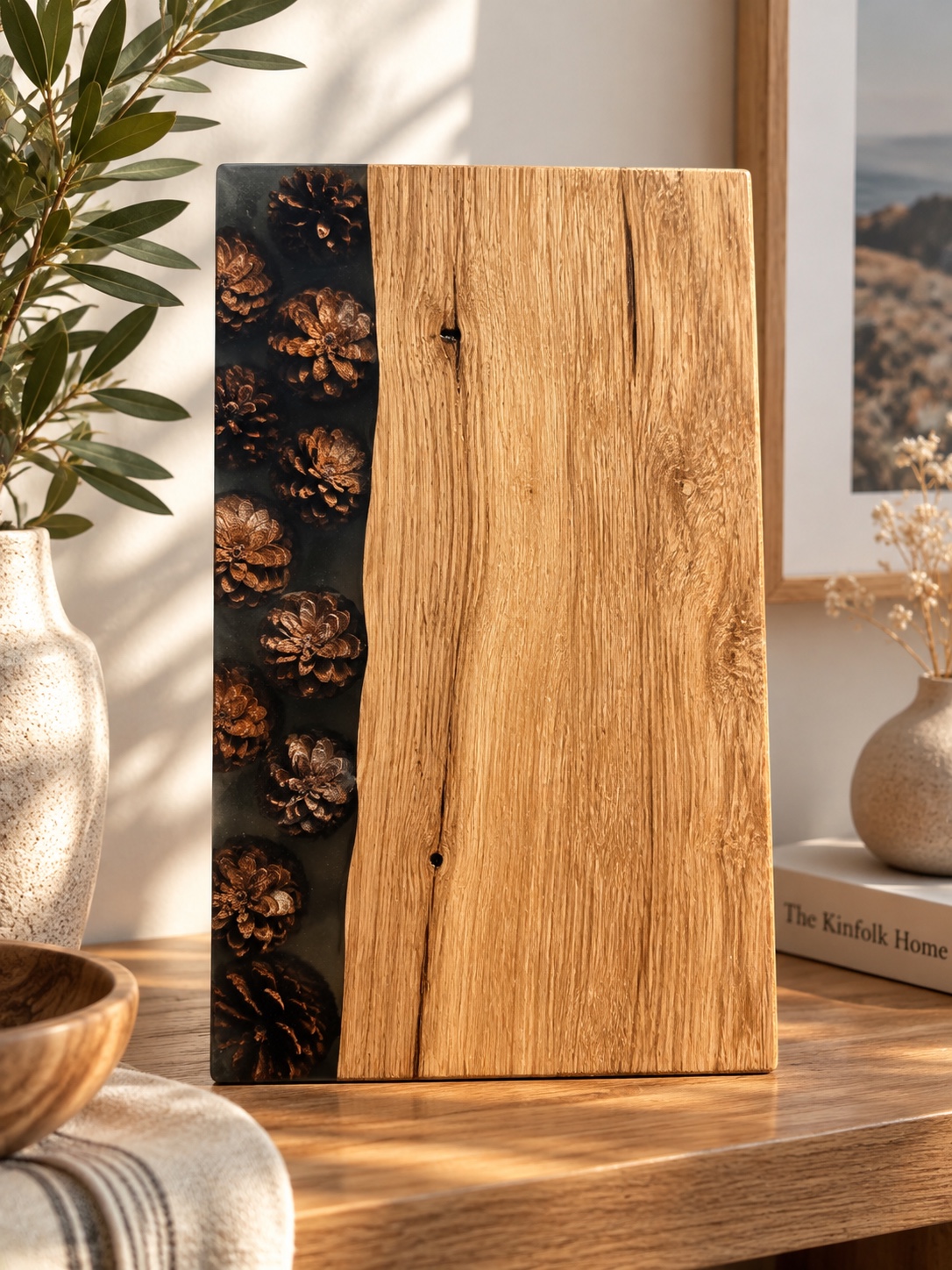 Planche en bois avec une lisière d’époxy sombre contenant des pommes de pin de Provence