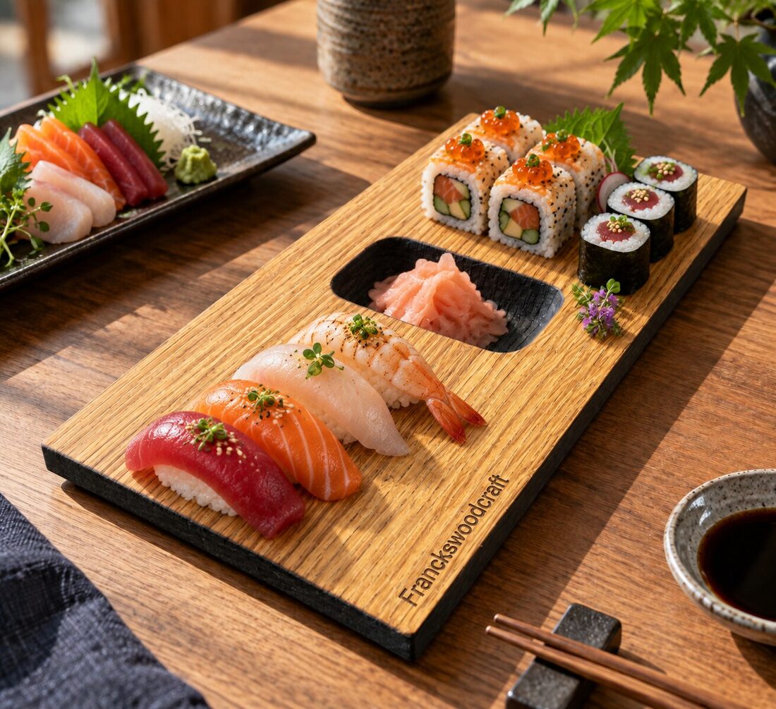Planche à sushis en chêne garnie de nigiris et makis, avec gingembre dans la cavité centrale