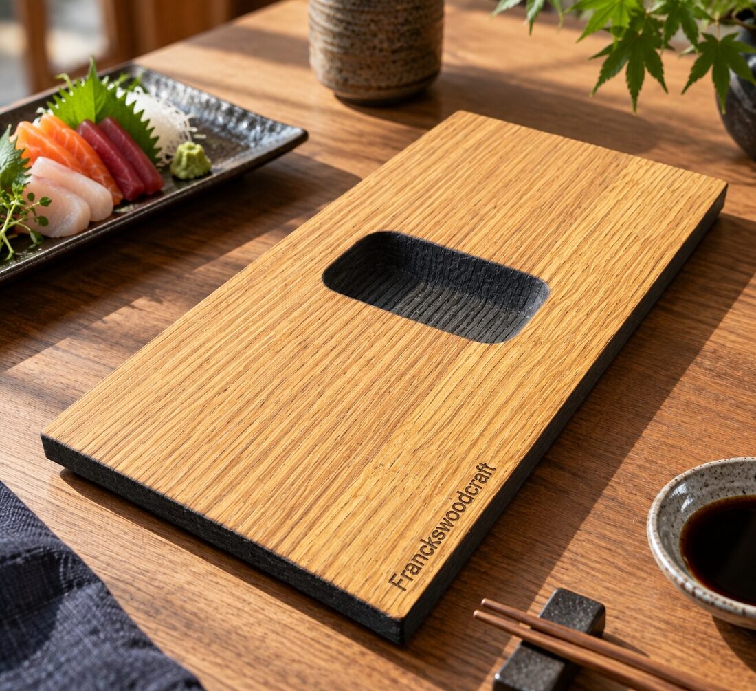 Planche à sushis en chêne présentée à plat avec sa cavité brûlée et ses chants noircis
