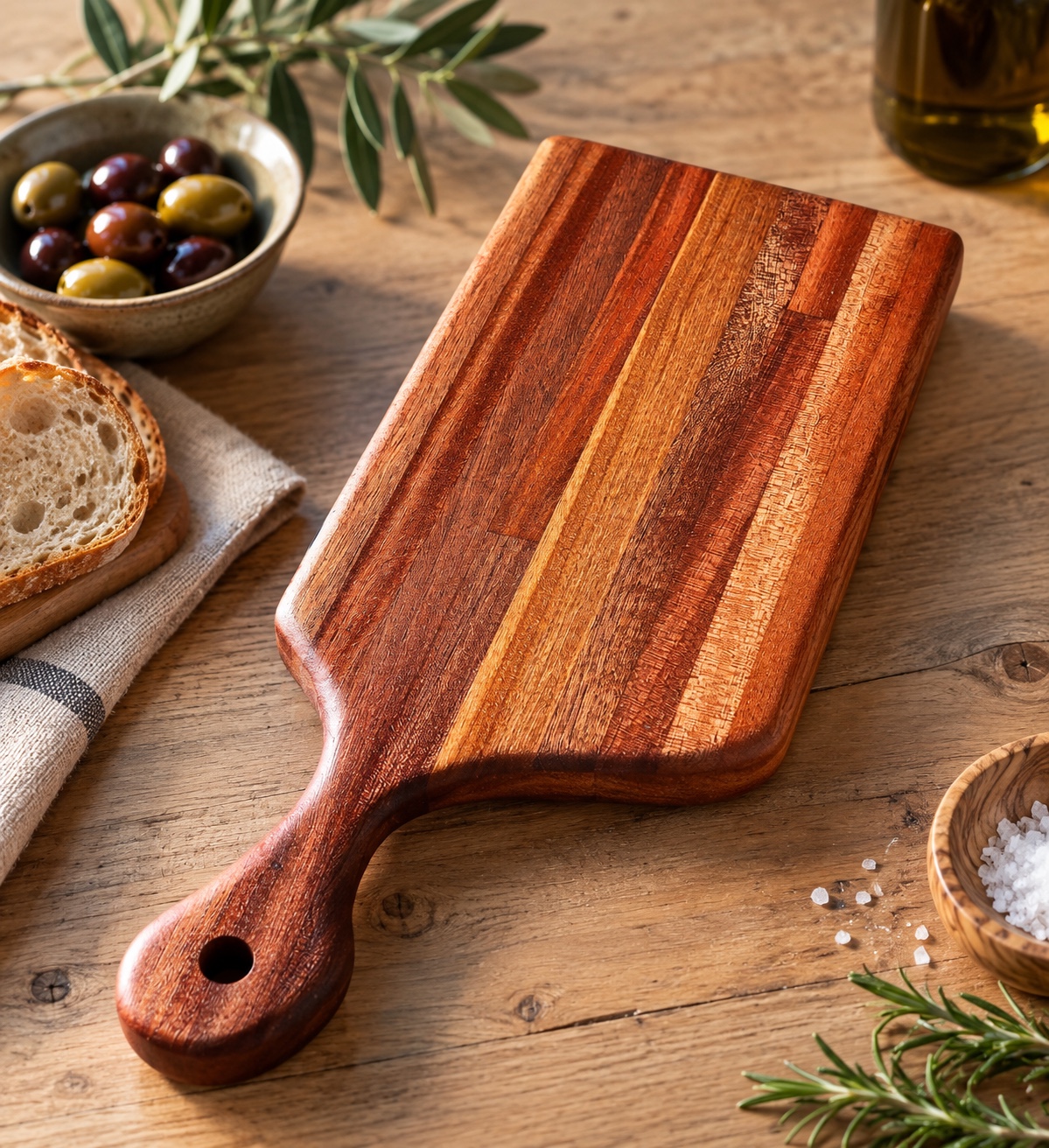 Planche à découper en bois exotique lamellé avec poignée percée