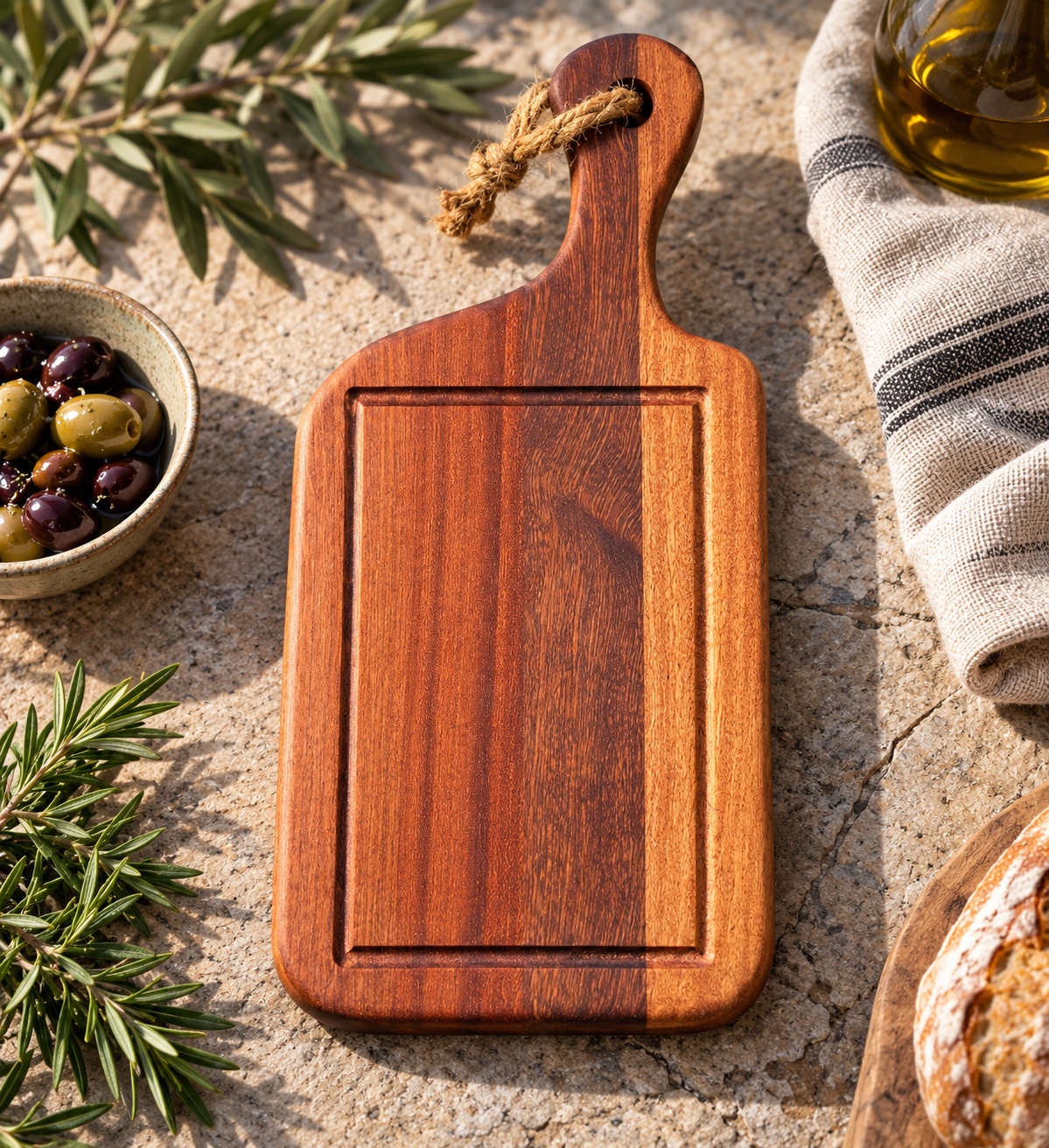 Planche à découper en bois exotique avec poignée percée et rainure à jus
