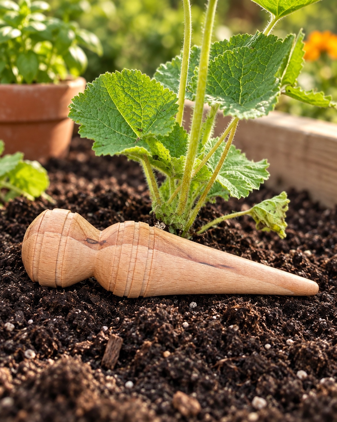 Plantoir de jardin tourné en hêtre posé dans la terre du potager
