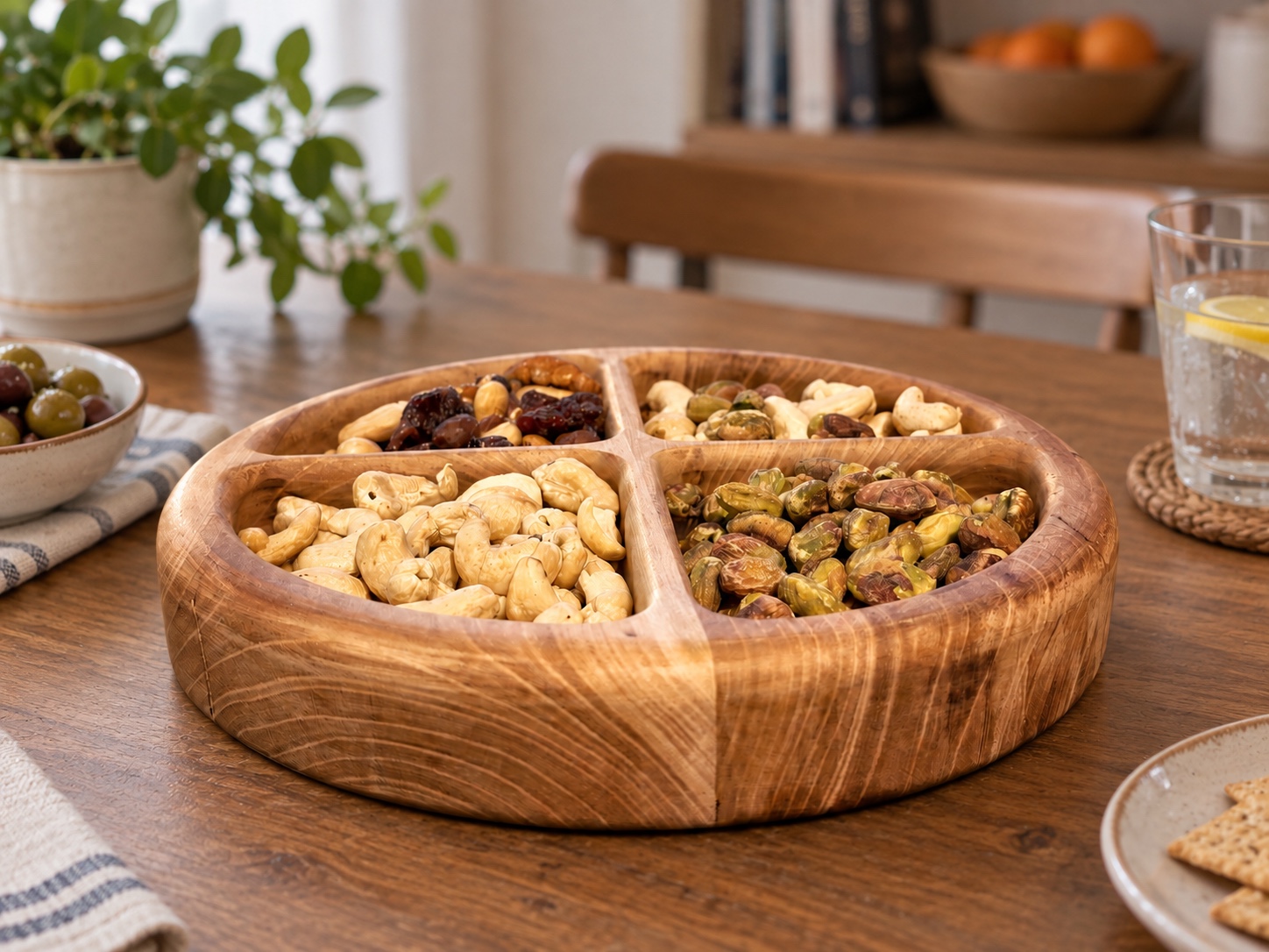 Plateau d’apéritif compartimenté garni de fruits secs sur une table