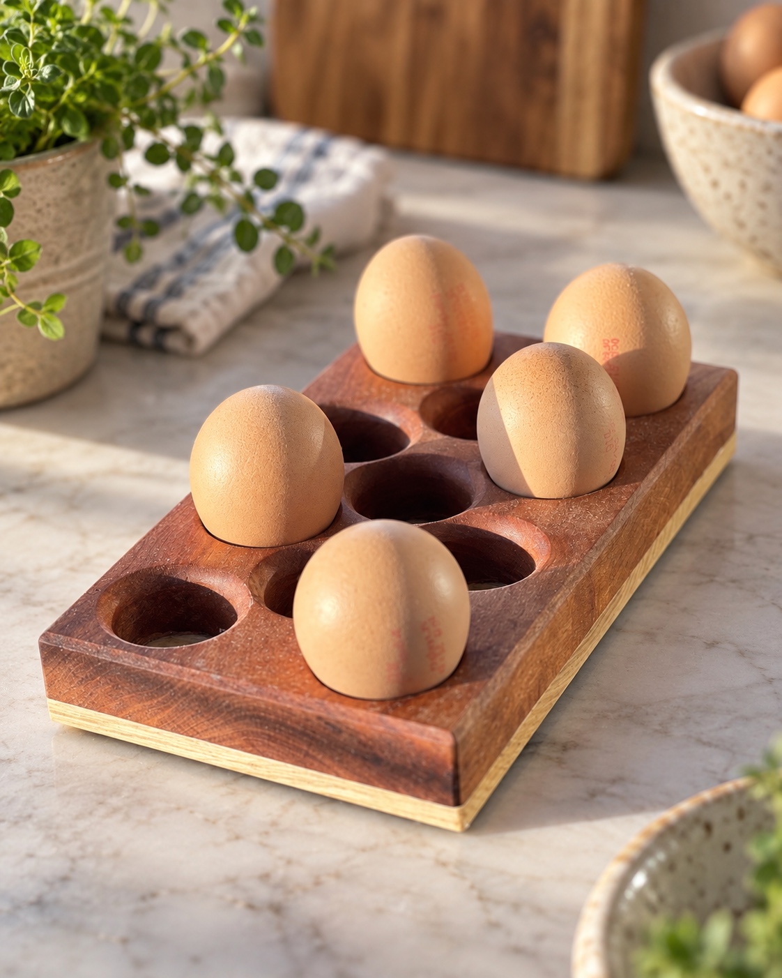 Porte-œufs rectangulaire en bois garni d’œufs dans une cuisine