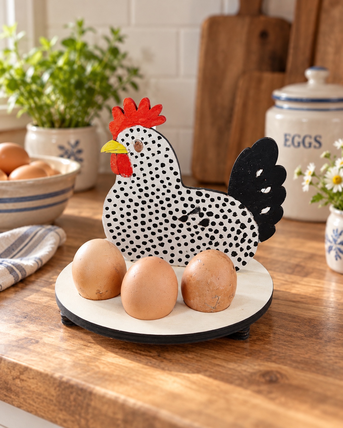 Porte-œufs en bois en forme de poule présenté dans une cuisine
