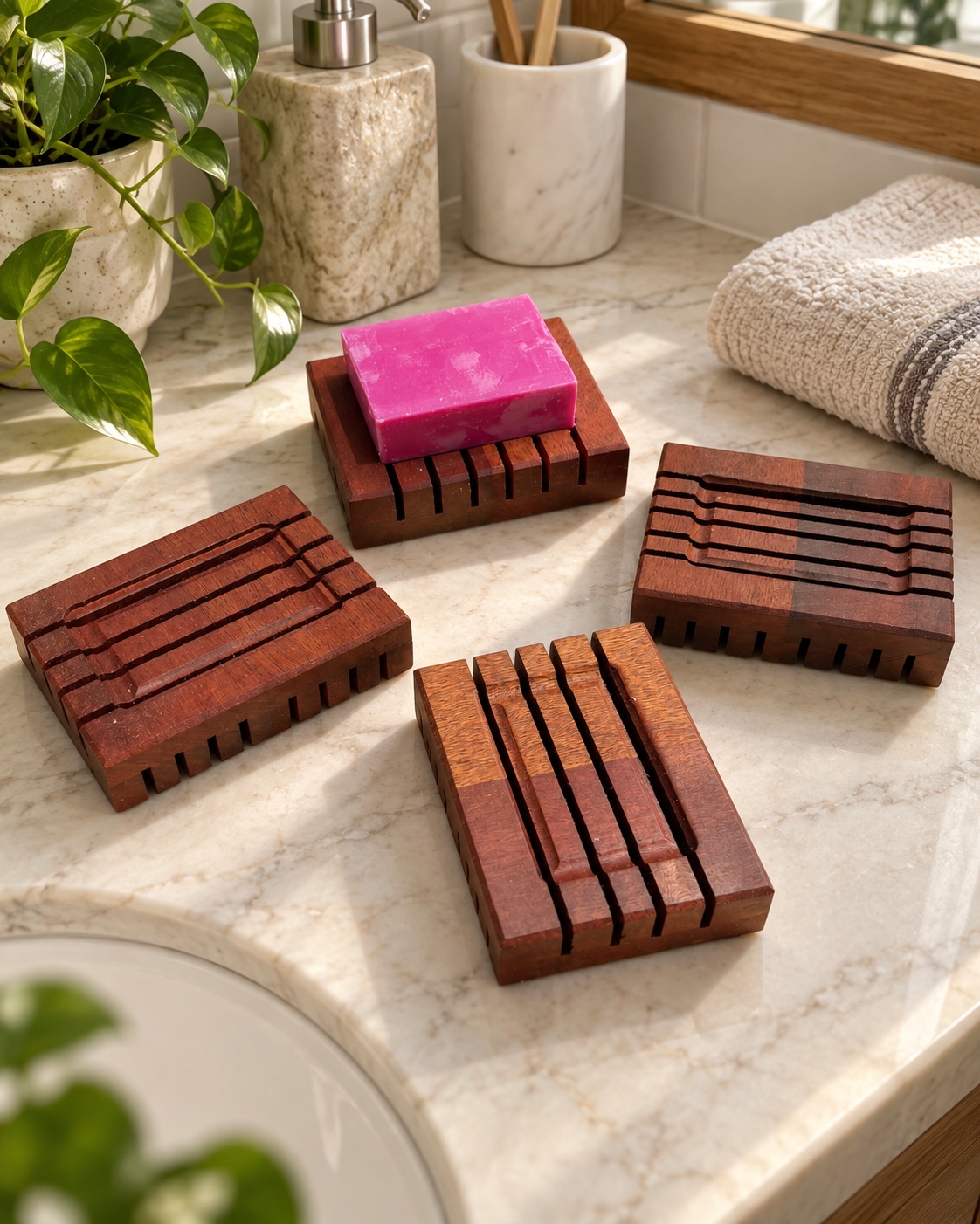 Assortiment de porte-savons en bois exotique dans une salle de bain