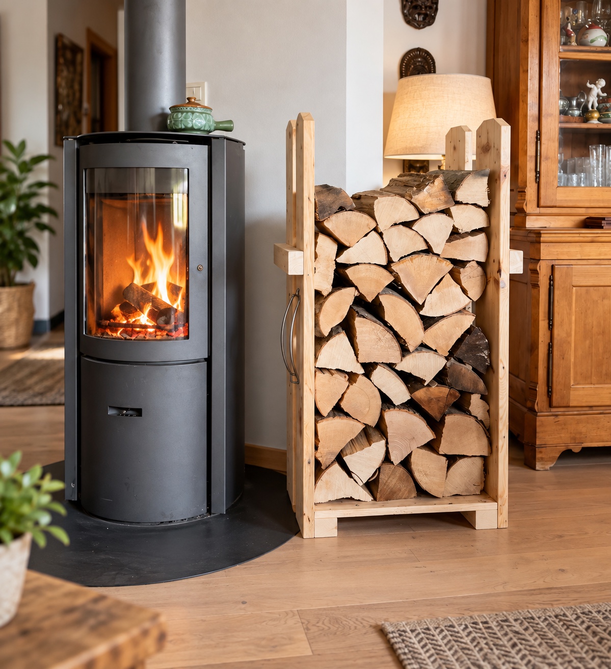 Range-bûches en bois de palette recyclé placé près d’un poêle et rempli de bûches