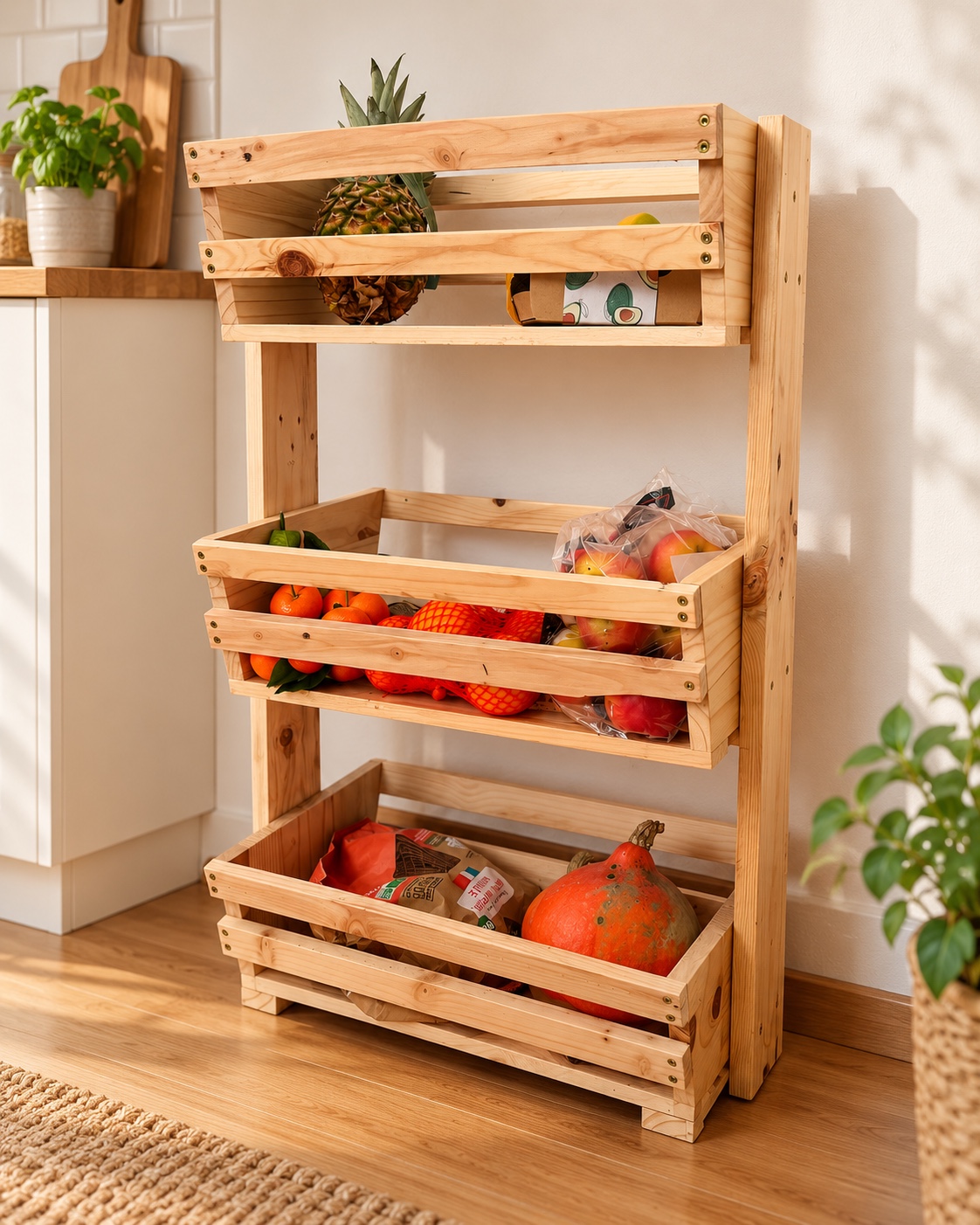 Étagère en bois à trois paniers remplis de fruits et légumes