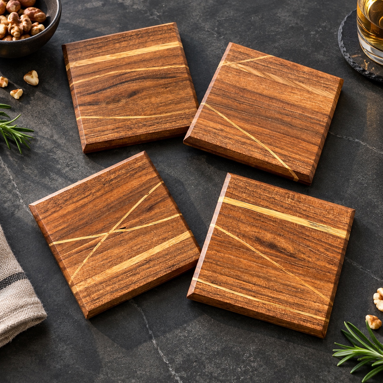 Ensemble de quatre sous-verres carrés en noyer ornés d’inserts contrastés en frêne