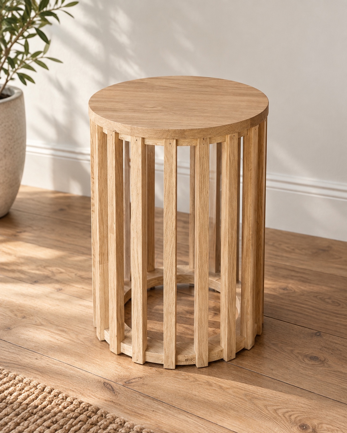 Table de chevet ronde en chêne à structure ajourée