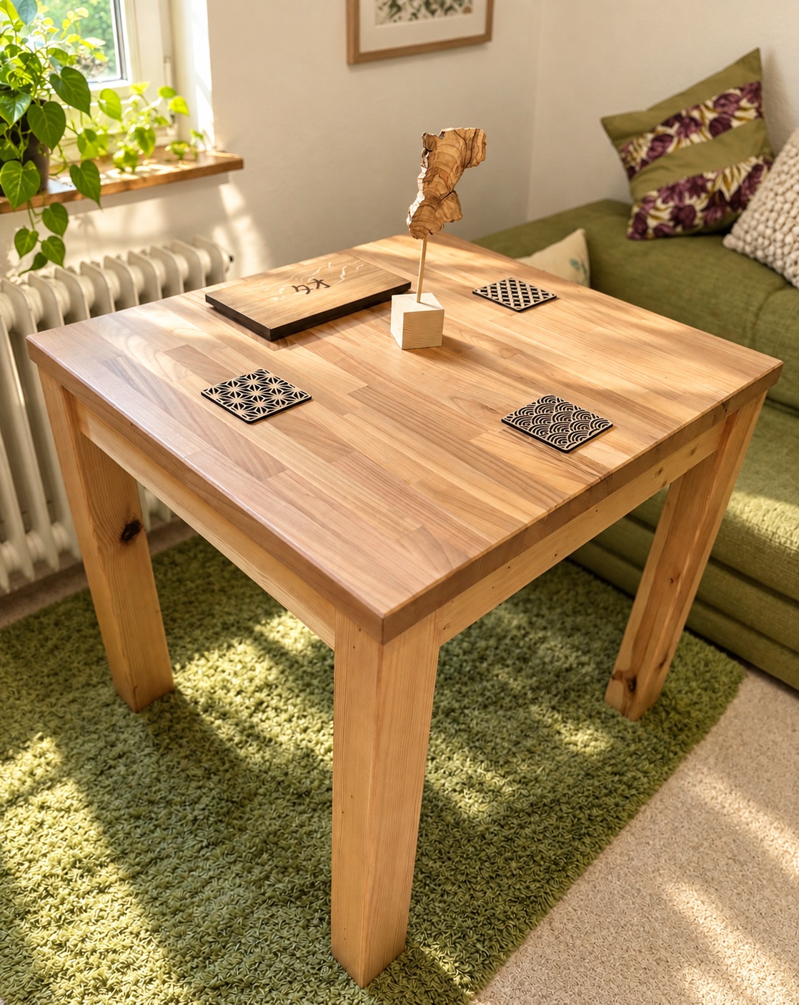 Table d’intérieur carrée en bois clair installée dans un salon lumineux