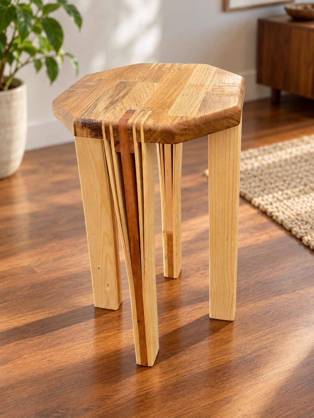 Tabouret moderne assemblé à partir de différentes essences de bois
